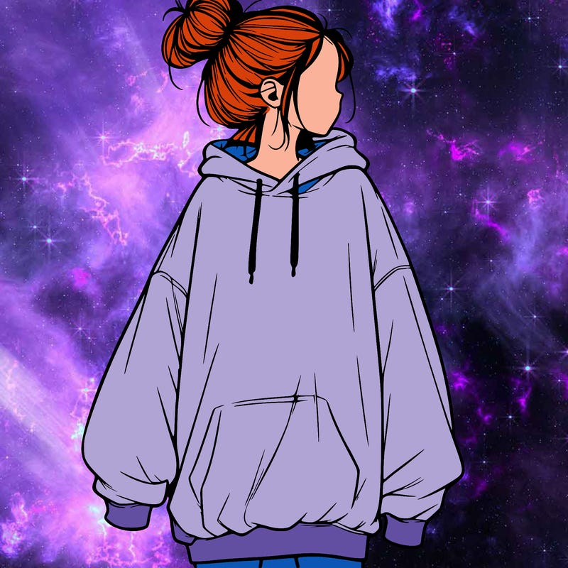 realistic girl with a oversized sweatshirt on and a bun