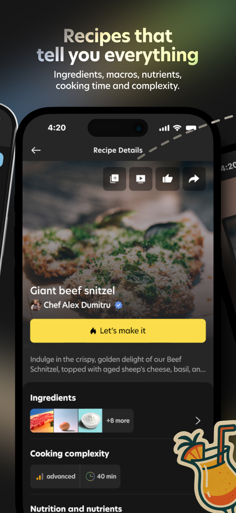 A detailed recipe screen for beef schnitzel on the FoodFix app showing ingredients cooking time and complexity level
