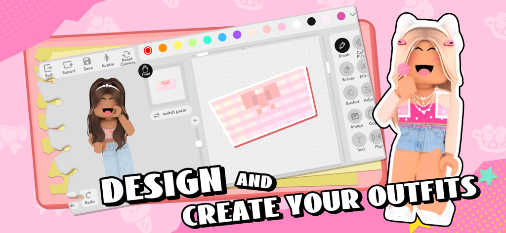 Skinzy app interface for designing and creating custom Roblox outfits with editing tools
