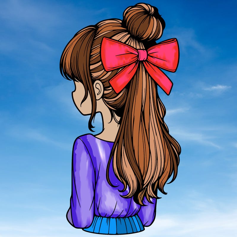 realistic girl  with hip length hair a bun and a big bow on the back of head