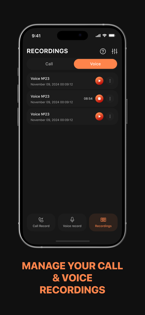 Interface of the app showing a list of voice recordings with play buttons and management options.