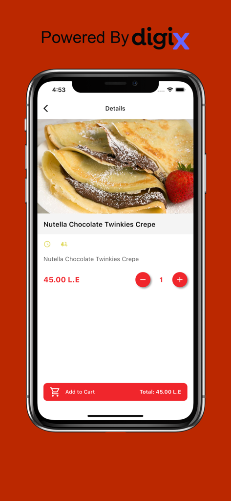 City Crepe - City Crepe 앱으로 Nutella Chocolate Twinkies Crepe 제품 세부 정보 및 주문 버튼 표시