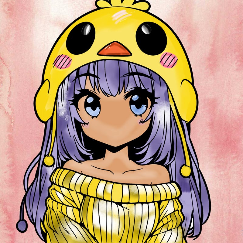 anime girl with chick shaped hat with sweater with bare shoulders with bangs covering them one eye with low tail