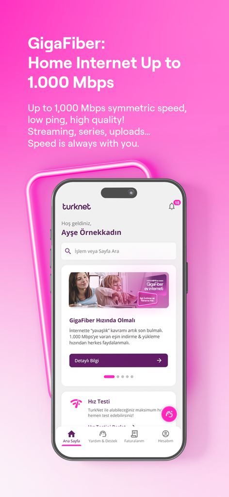 TurkNet mobile app interface showing GigaFiber 1000 Mbps home internet offer and user dashboard on an iPhone.