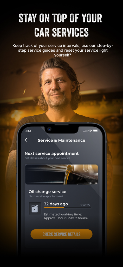 Smartphone displaying the Carly app service and maintenance screen with oil change interval tracking.
