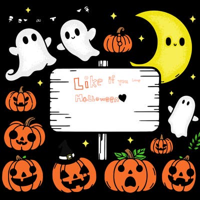a white sign in the the middle of the image and around the sign there are halloween accessories like pumpkins and little cute ghosts