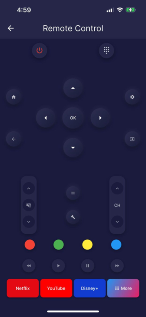 Remote control all TV - Interfaz de control remoto de TV digital en un smartphone con botones de navegación y accesos directos a aplicaciones de streaming para Netflix y YouTube.