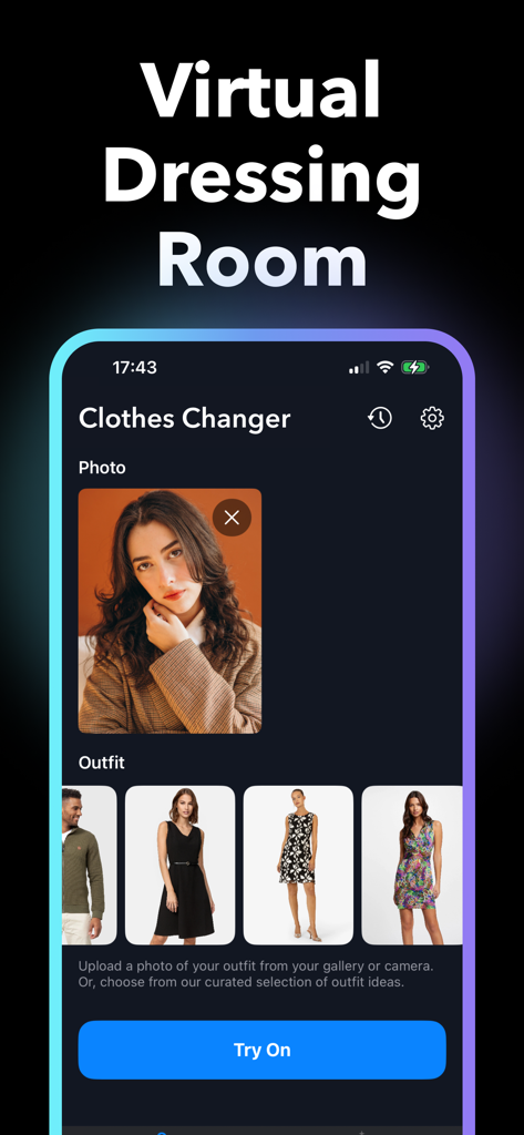 AI Clothes Changer + - AI Clothes Changer app showing a virtual dressing room interface with outfit selection and a try on button