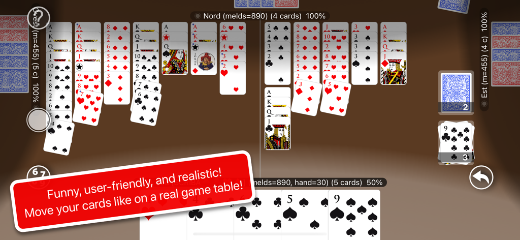 Jugabilidad del Buraco Internacional que muestra combinaciones de cartas y la mano de un jugador en una mesa virtual realista