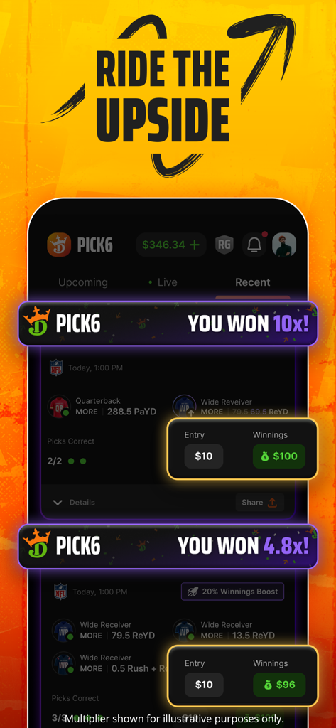 DraftKings Pick6のモバイルアプリインターフェース。いくつかの勝利エントリーと配当合計を黄色い背景に表示。