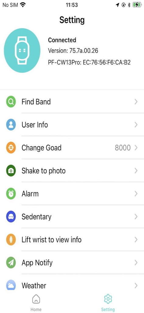 Le menu des paramètres de l'application DaFit Pro Band montrant l'état de connexion et diverses options de fonctionnalités comme l'alarme et la météo.