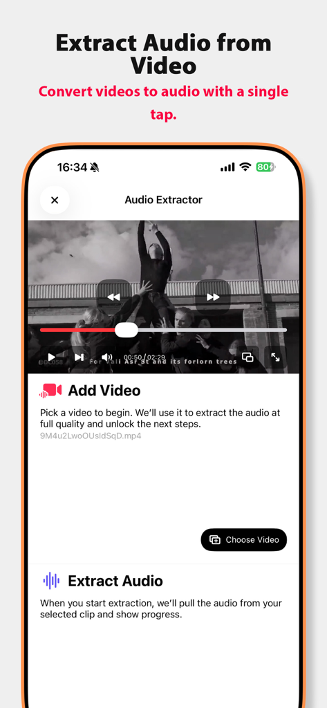 Screenshot of the Music IR app interface for extracting audio from videos to create local music files.