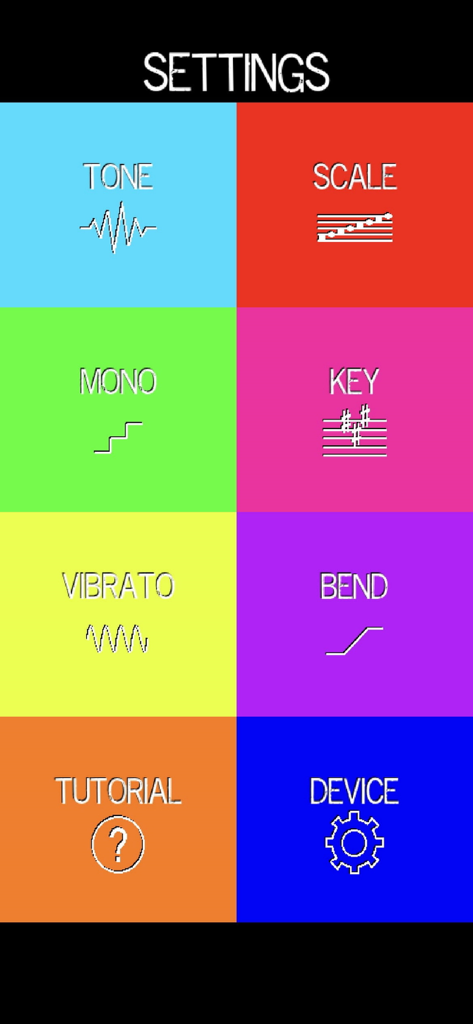 Pocket Talkbox - Pocket Talkbox app settings menu with options for tone, scale, key, and pitch bend.