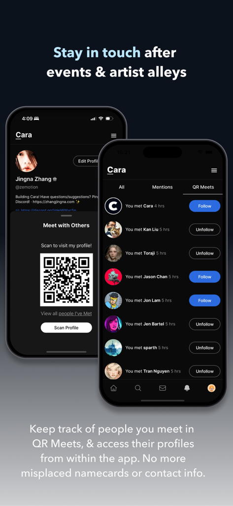 Cara app QR Meets feature showing a profile QR code and a list of people met at an event with options to follow them.