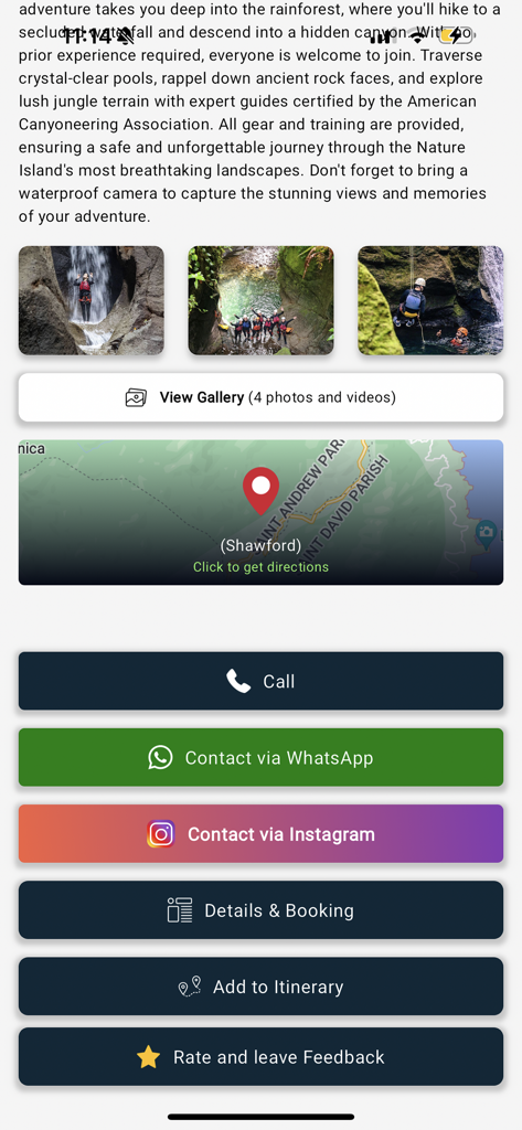 Explore Dominica - Adventure activity screen in the Explore Dominica app featuring canyoning details and a map of Shawford