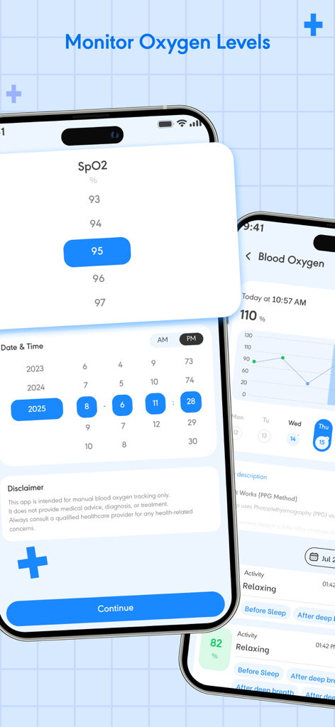Cardiora: Blood Pressure - Cardiora app interface showing blood oxygen SpO2 monitoring and trend tracking