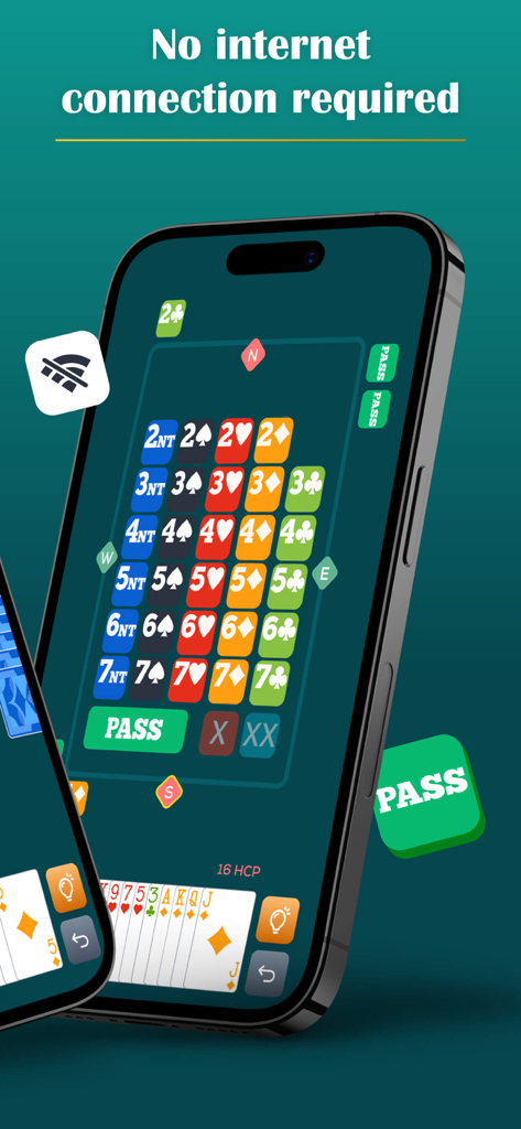 Play Bridge: Offline Card Game - Pantalla de smartphone mostrando la interfaz de declaración del juego de cartas Play Bridge con un mensaje de sin conexión a internet