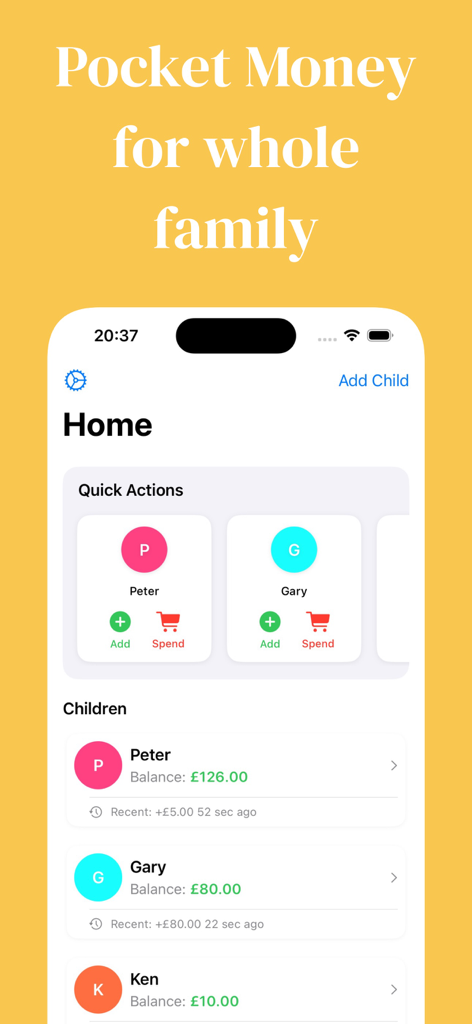 Allowance Tracker - Acorn - Pantalla de inicio de la app Acorn mostrando los saldos de dinero de bolsillo de los niños y acciones rápidas