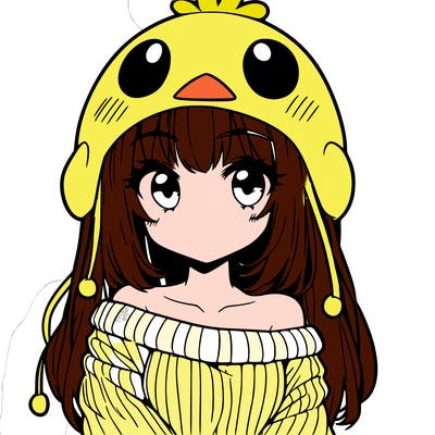 anime girl with chick shaped hat with sweater with bare shoulders with bangs covering them one eye with low tail