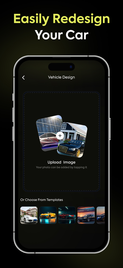 AI Car Designer Modify Style - Smartphone screen for uploading car photos or selecting templates in the AI Car Designer app