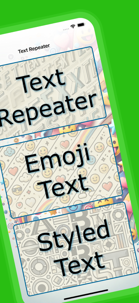 Text Repeater & Stylish Fonts - Menú principal de la aplicación Text Repeater y Stylish Fonts mostrando opciones para repetidor de texto, texto con emojis y texto con estilo