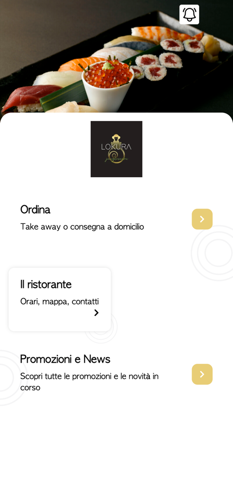 Lokura - Home screen of the Lokura sushi restaurant app showing ordering options for delivery and takeaway