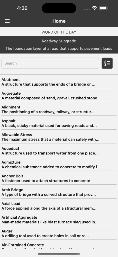 Civil Engineering Terms - Mobile app interface showing civil engineering definitions like abutment and aggregate
