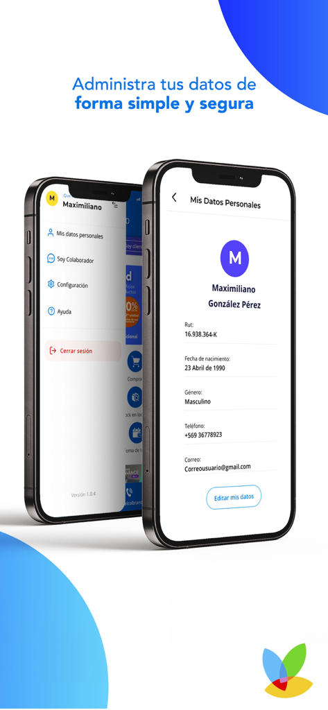 Salcobrand - Zwei Smartphones, die den Bildschirm zur Verwaltung persönlicher Daten und das Seitenmenü der Salcobrand Apotheken-App anzeigen