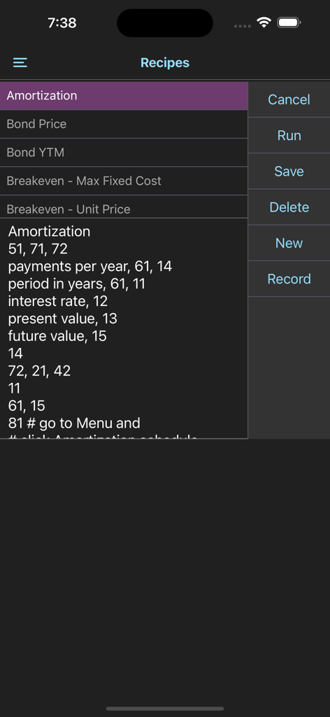 Interface of the 10bII plus app displaying financial calculation recipes and automation options