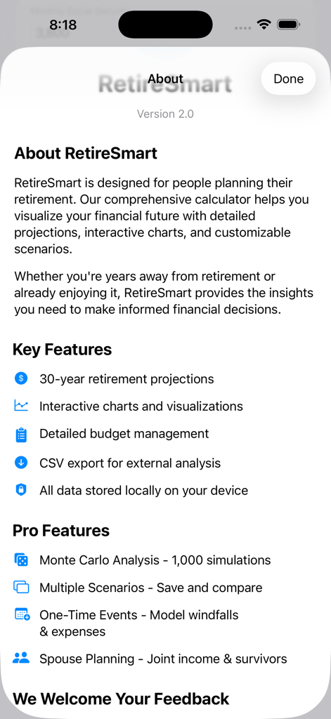 RetireSmart — Retire Planner - About screen of RetireSmart app listing key and pro retirement planning features