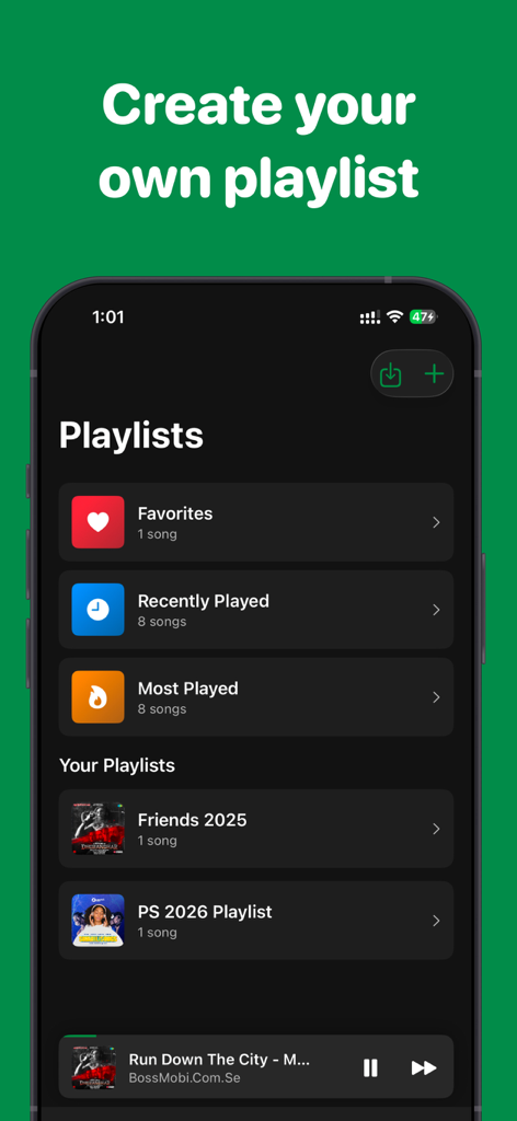 Offline music player : Songs - iPhone screen showing the Playlists section of the Offline Music Player app with categories for favorites and custom user playlists.