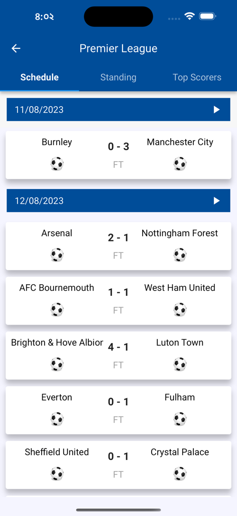 KickNow app interface showing Premier League football scores and match schedule
