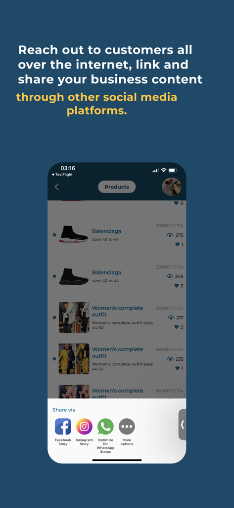 Shoppy MarketSpace Seller - Shoppy MarketSpace Seller app screen showing product sharing options for Facebook Instagram and WhatsApp