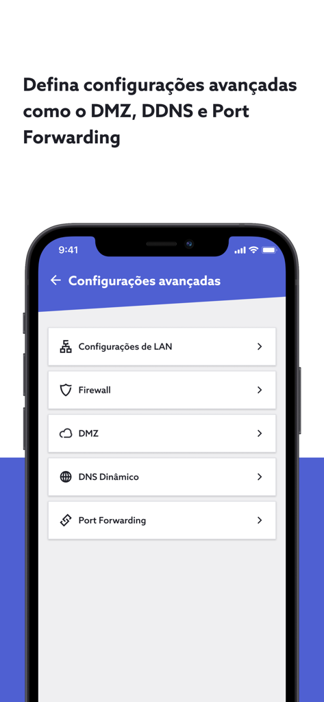 NOS Net app advanced settings screen showing router configuration options like DMZ and Port Forwarding