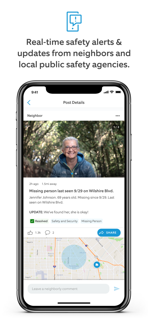 Neighbors by Ring - Interfaccia dell'app Neighbors by Ring che mostra un avviso di sicurezza in tempo reale per una persona scomparsa e una mappa degli incidenti locali.