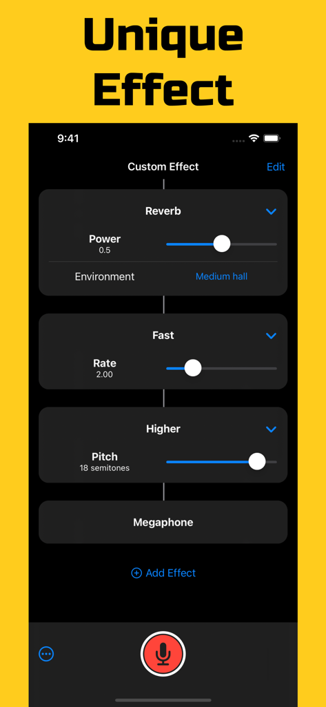 Voffect - Voice effect changer - UI of Voffect app showing custom voice effect settings for reverb, speed, and pitch