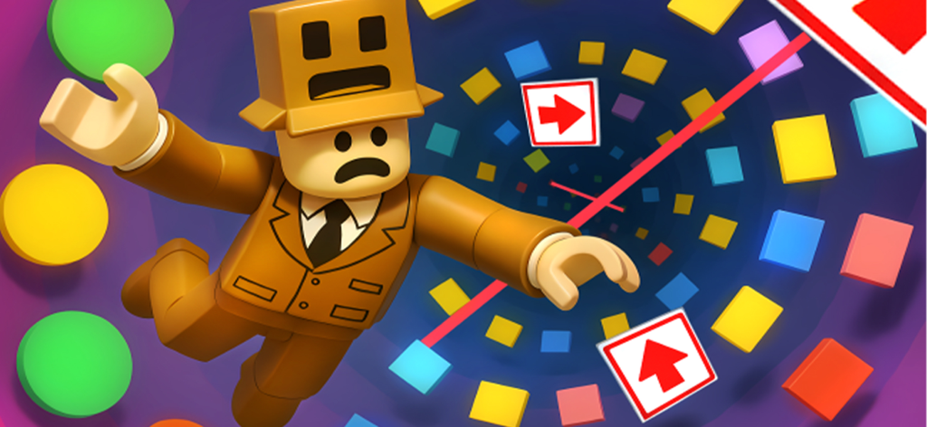 Prison Blox: Obby 3D Parkour - Un personaje cuadriculado con traje marrón cayendo a través de un vibrante túnel de parkour 3D con obstáculos coloridos