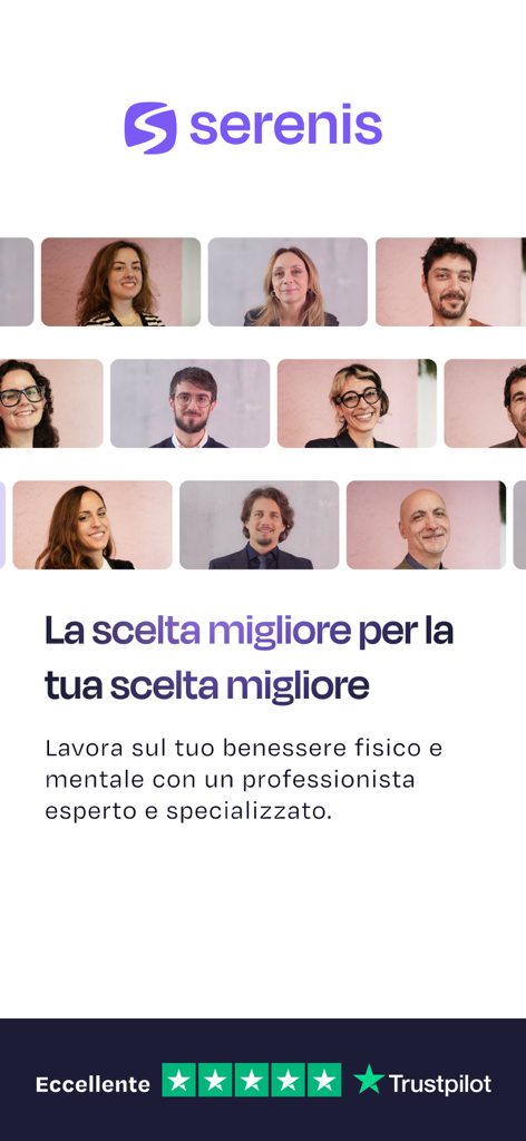 Interfaz de la app Serenis que muestra una cuadrícula de terapeutas profesionales y una calificación de cinco estrellas en Trustpilot