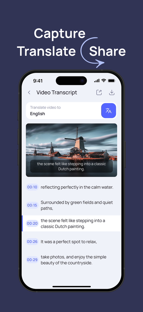 Translatorアプリのビデオ字幕抽出機能を示すスマートフォンの画面。風力タービンのビデオと、その下の翻訳されたテキストキャプションが表示されている。