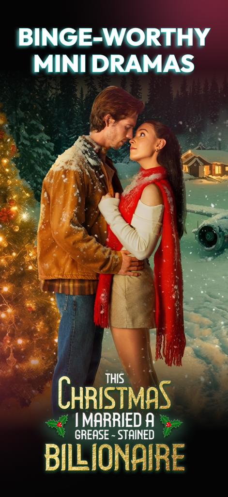 Drama Pops - Reel Shorts TV - Ein romantisches Paar in einer verschneiten Weihnachtsszene für eine Kurz-Dramaserie mit dem Titel This Christmas I Married a Grease Stained Billionaire.