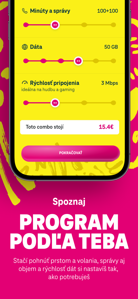 Interfaz de la app SWIPE mostrando deslizadores para ajustar los minutos de datos móviles y la velocidad de conexión para un plan personalizado