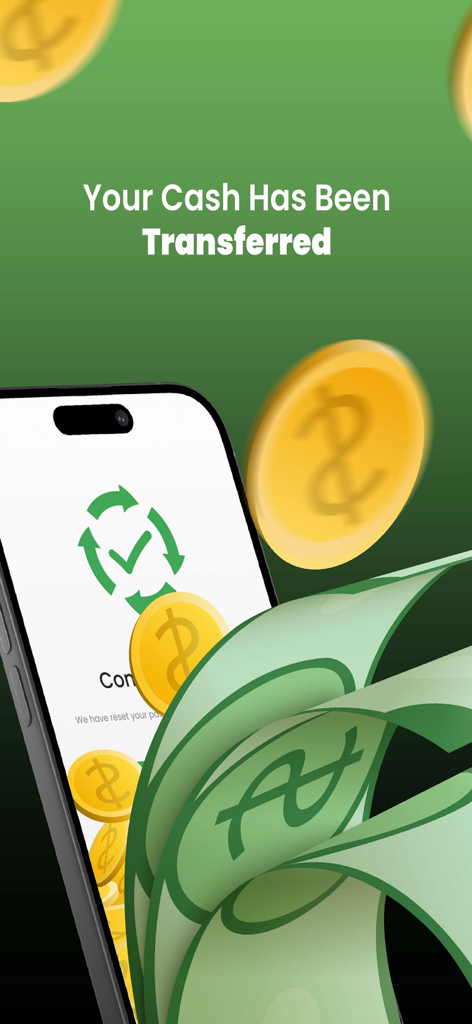 Bekia - Interface do aplicativo Bekia confirmando uma transferência de dinheiro por recompensas de reciclagem com gráficos de dinheiro e moedas.