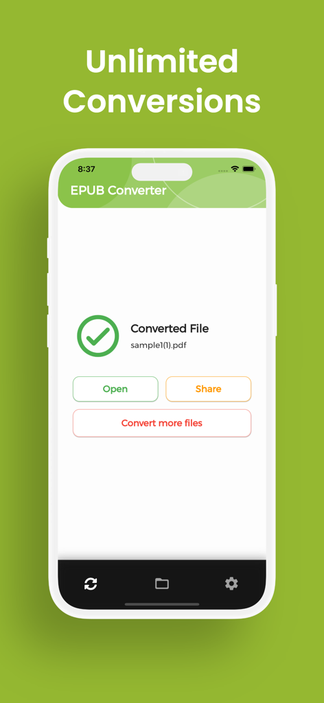 EPUB Converter, EPUB to PDF - EPUB Converter app interface showing a successfully converted PDF file