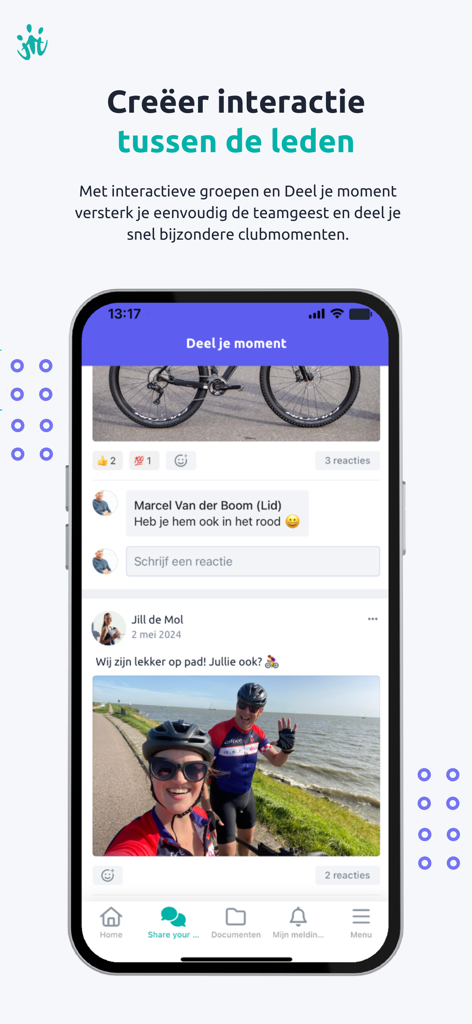 ClubApp - A smartphone showing the ClubApp social feed where members share photos and comments to build community spirit.