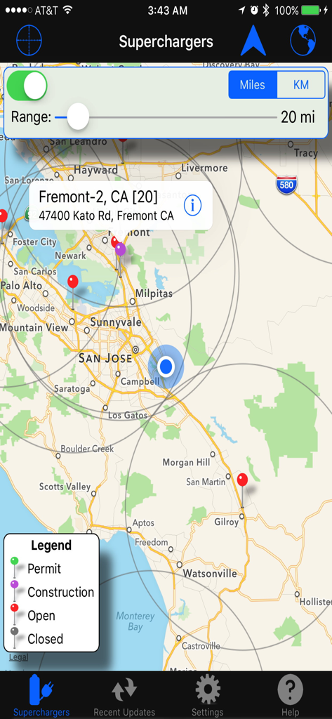 Superchargers For Tesla - Tesla Superchargers app map showing charging stations and range circle visualization