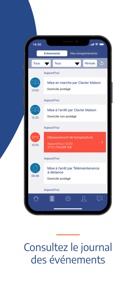 Journal des événements de l'application mobile Homiris affichant l'activité de sécurité domestique et les alertes de température