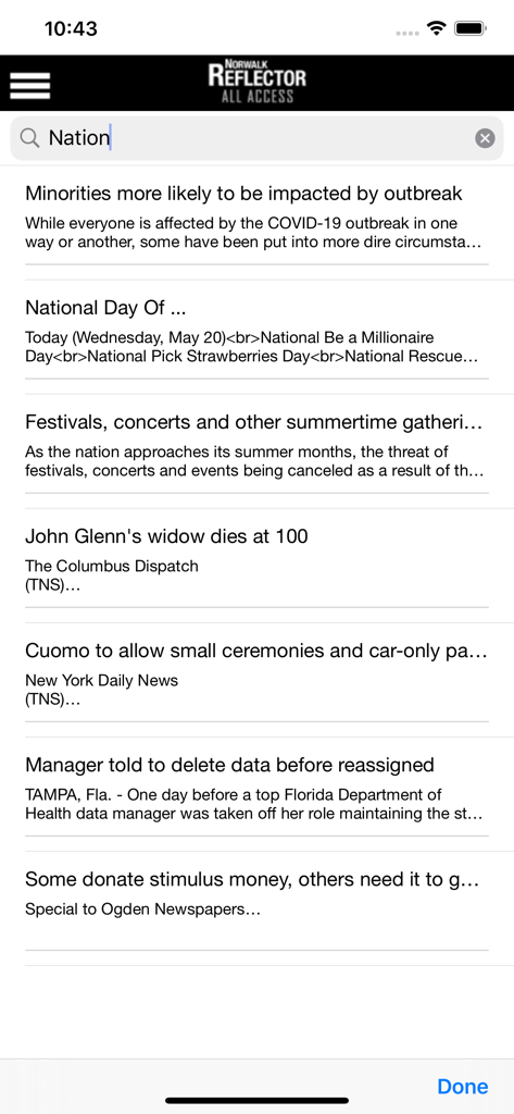 Search results screen in the Norwalk Reflector app showing a list of national news headlines