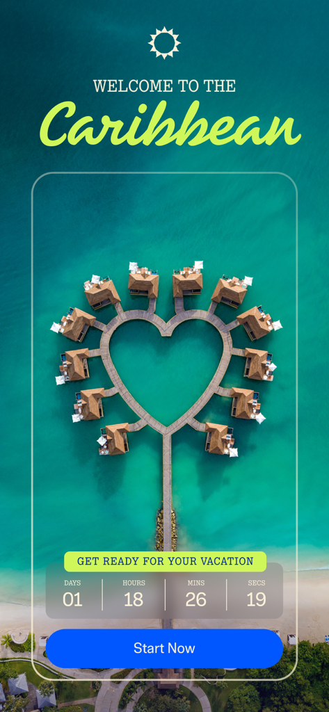 Sandals & Beaches Resorts - Schermata di benvenuto dell'app Sandals e Beaches che mostra bungalow sull'acqua a forma di cuore nei Caraibi e un timer per il conto alla rovescia della vacanza.