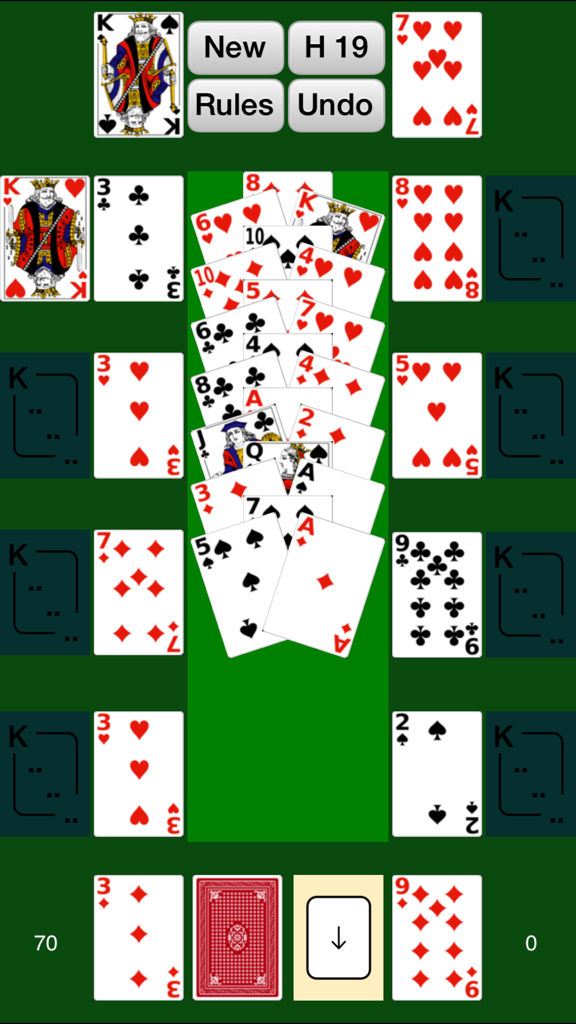 Simply Solitaire - Simply Solitaire card game interface with a classic green felt background and menu buttons.
