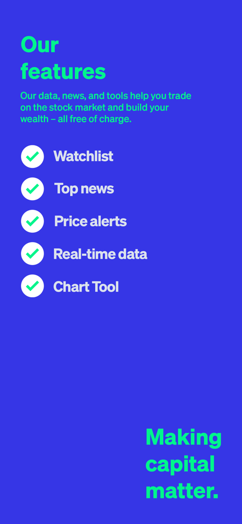 Deutsche Börse - A list of Deutsche Borse app features including Watchlist, Top news, Price alerts, Real-time data, and Chart Tool on a blue background.